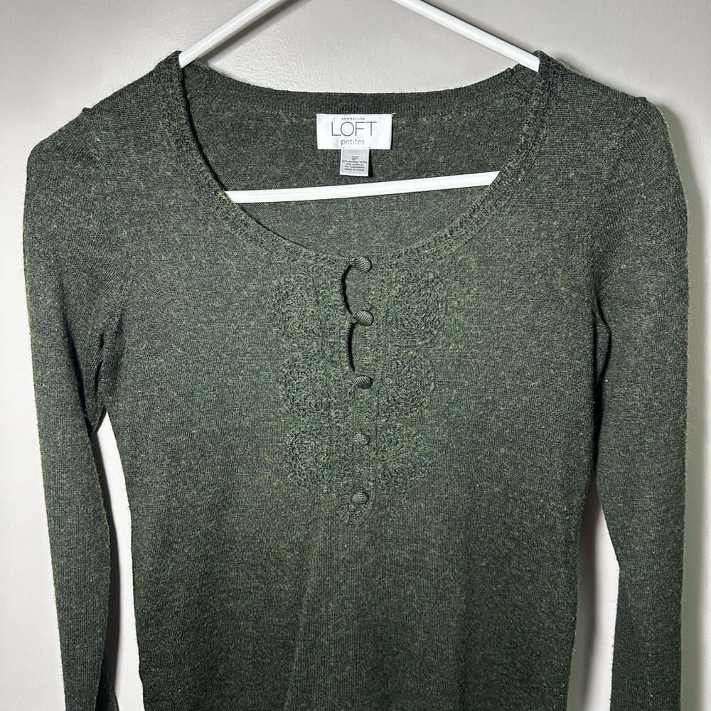 LOFT Olive Long Sleeve Tee with Button Detail